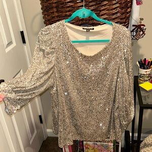1X silver long sleeve sequin top